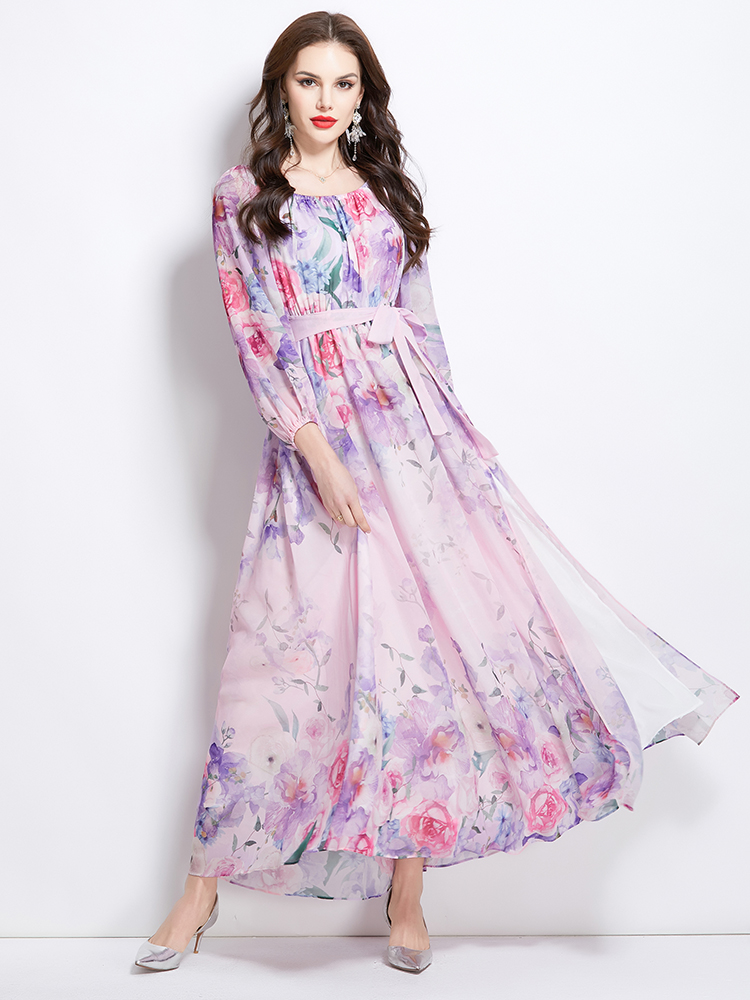 Retro spring long flowers flat shoulder dress