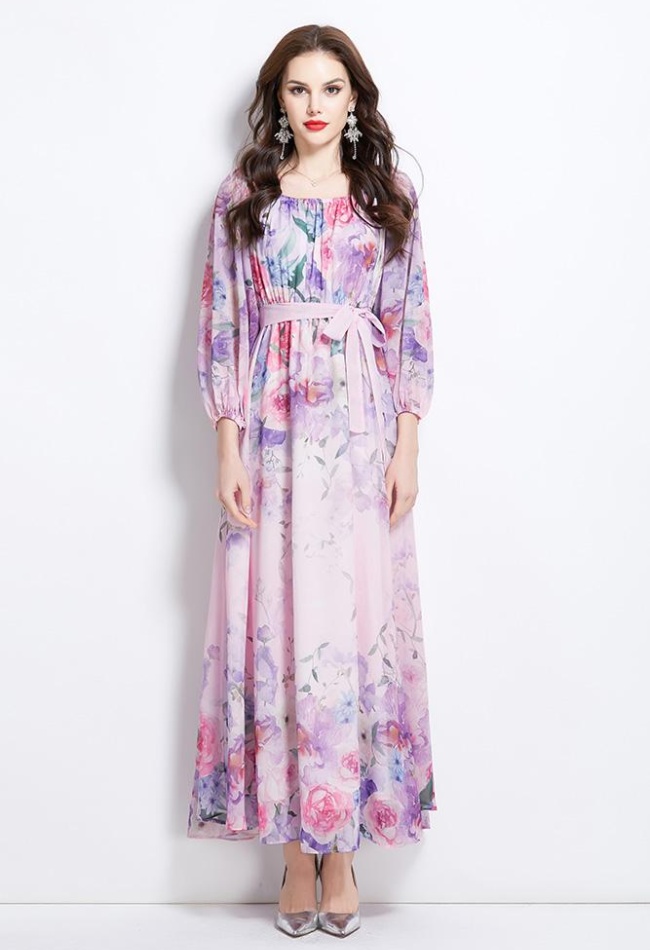 Retro spring long flowers flat shoulder dress