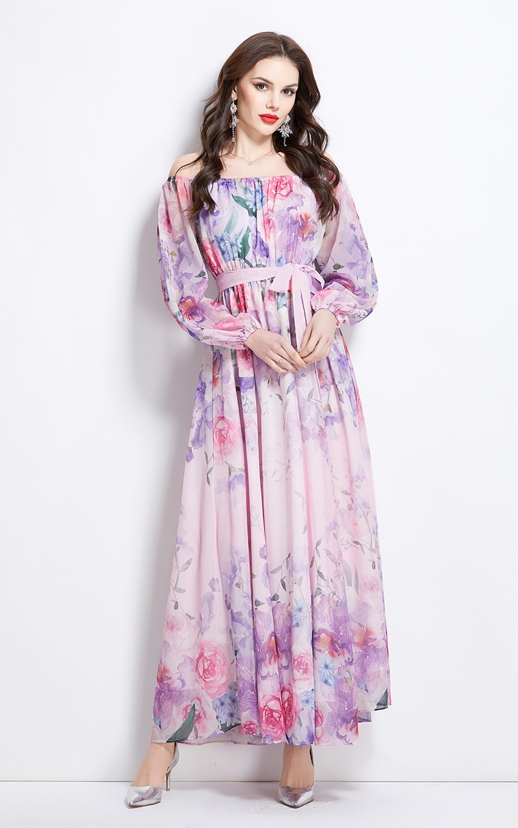 Retro spring long flowers flat shoulder dress