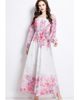 Flowers flat shoulder spring retro long dress