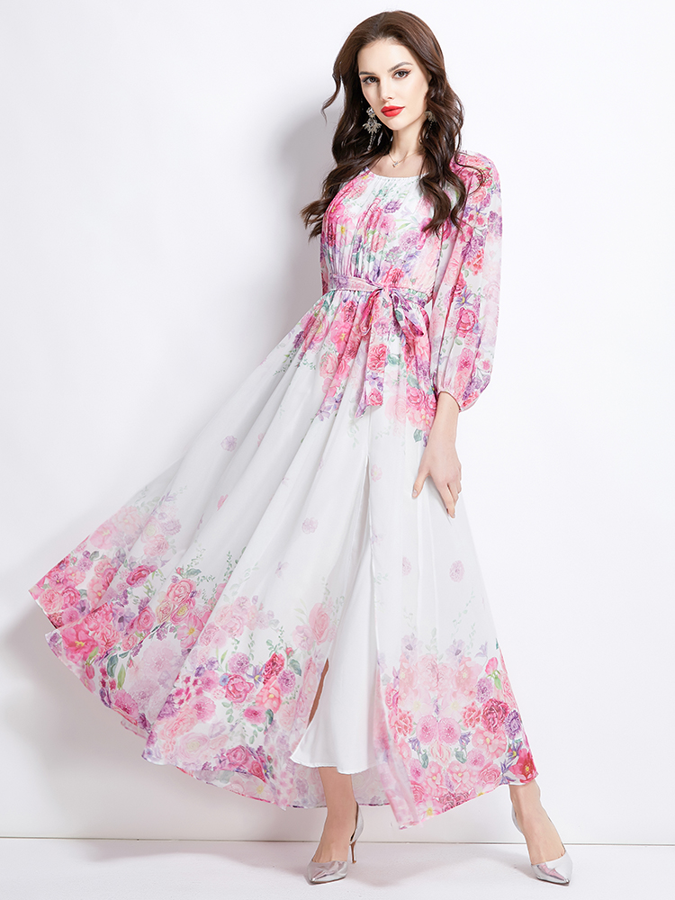 Flowers flat shoulder spring retro long dress