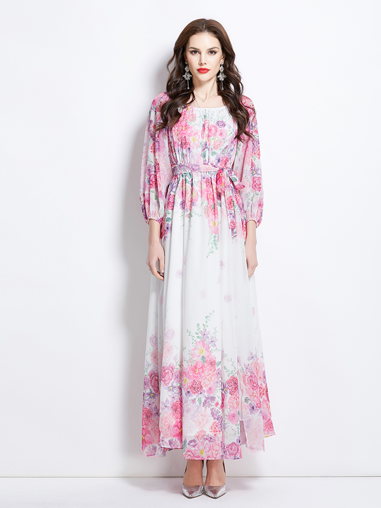 Flowers flat shoulder spring retro long dress