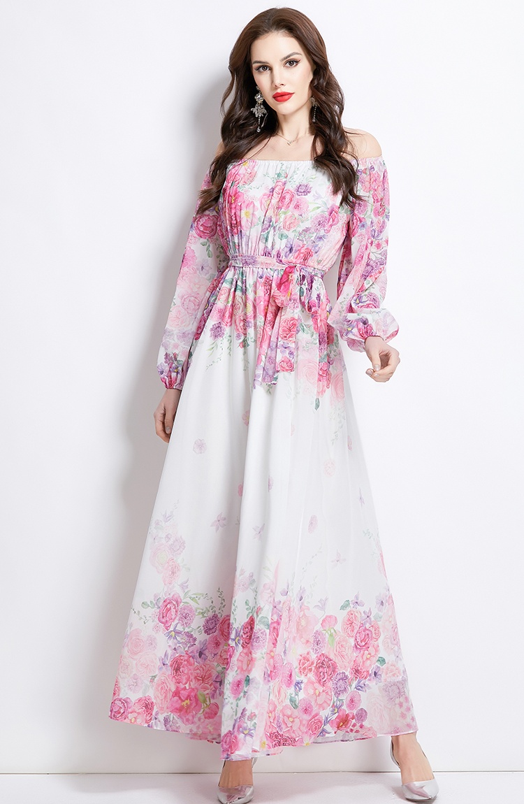 Flowers flat shoulder spring retro long dress