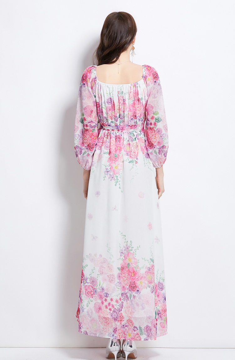 Flowers flat shoulder spring retro long dress