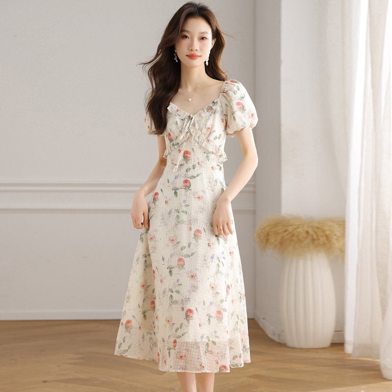 France style slim dress floral temperament long dress