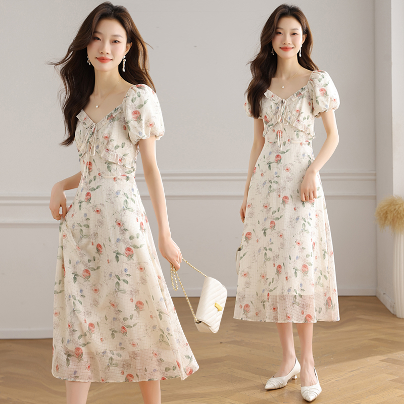 France style slim dress floral temperament long dress