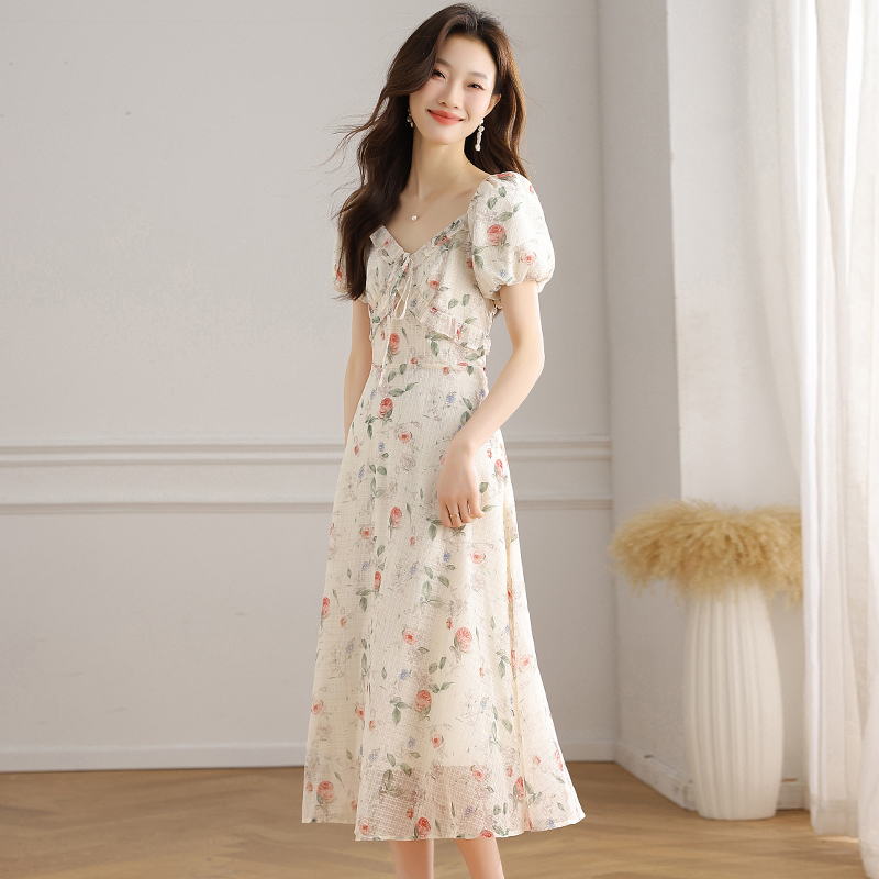 France style slim dress floral temperament long dress