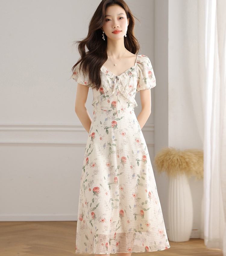 France style slim dress floral temperament long dress