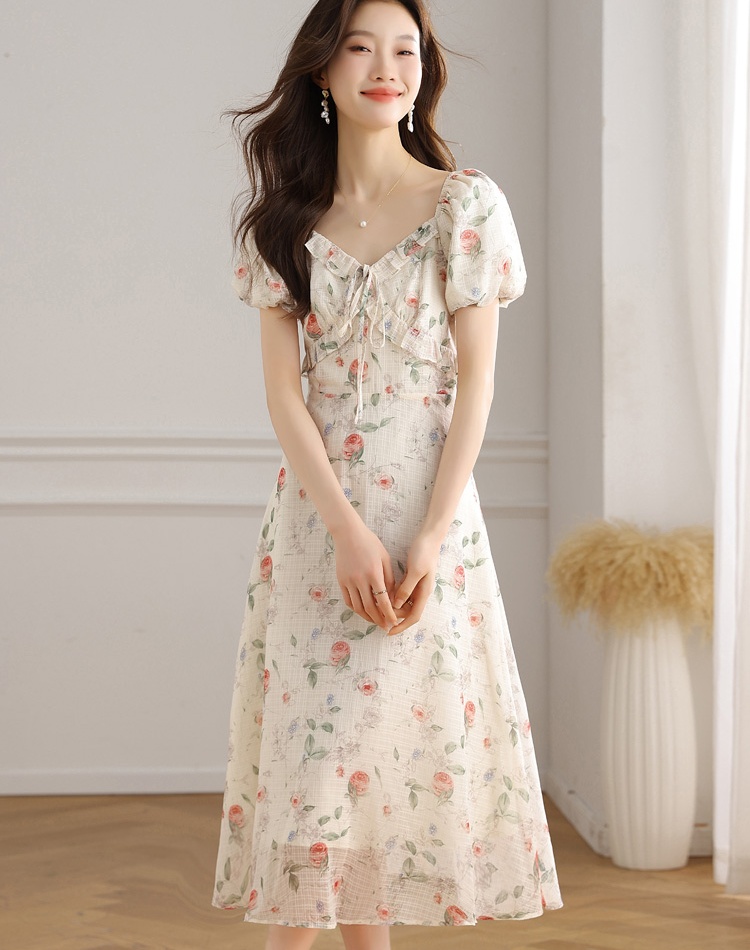 France style slim dress floral temperament long dress