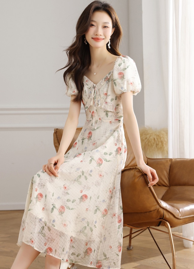 France style slim dress floral temperament long dress