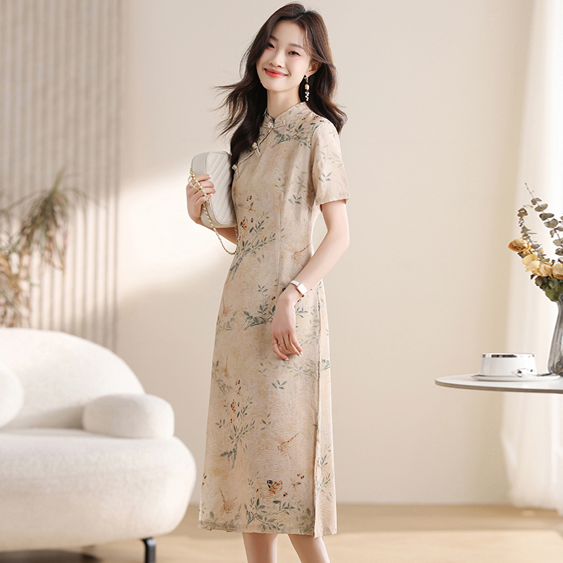 Pinched waist dress chiffon cheongsam for women