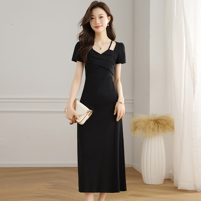 France style summer halter short sleeve long dress for women