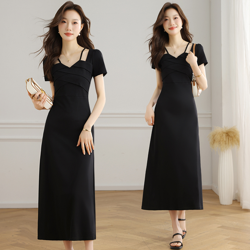 France style summer halter short sleeve long dress for women