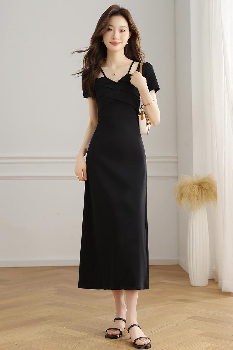 France style summer halter short sleeve long dress for women