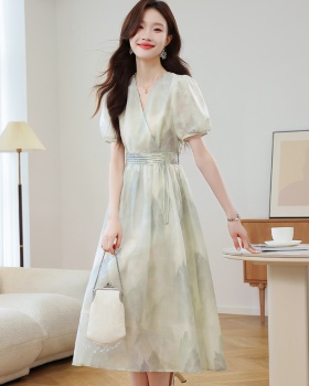 Floral short sleeve long Chinese style summer dress