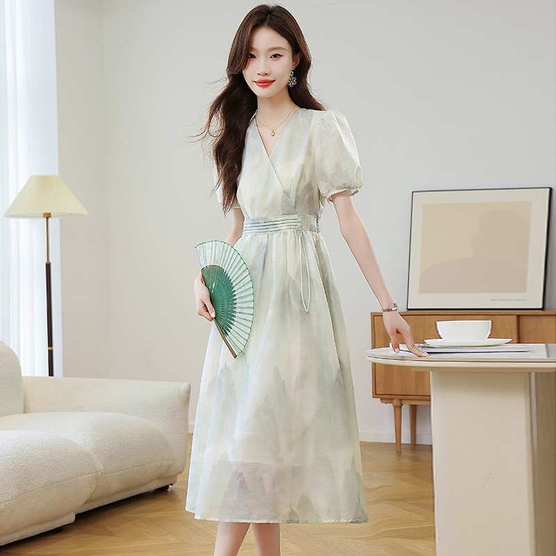 Floral short sleeve long Chinese style summer dress