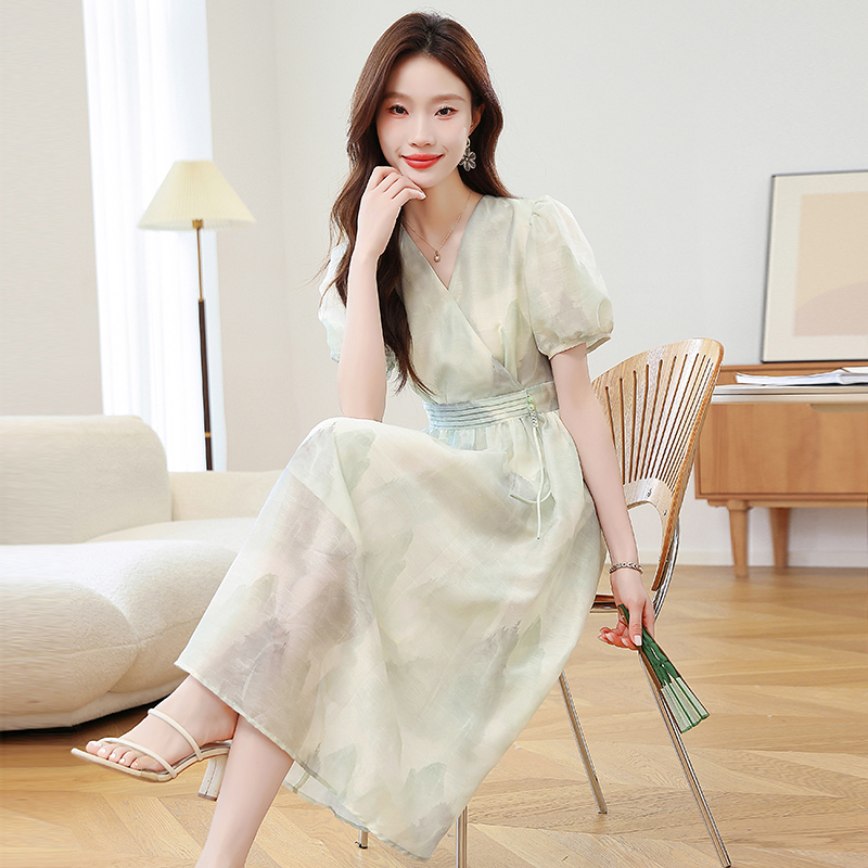 Floral short sleeve long Chinese style summer dress