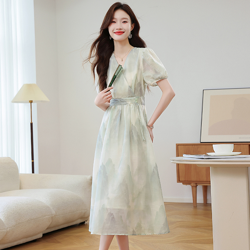 Floral short sleeve long Chinese style summer dress