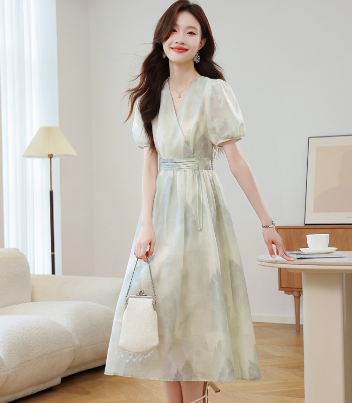 Floral short sleeve long Chinese style summer dress