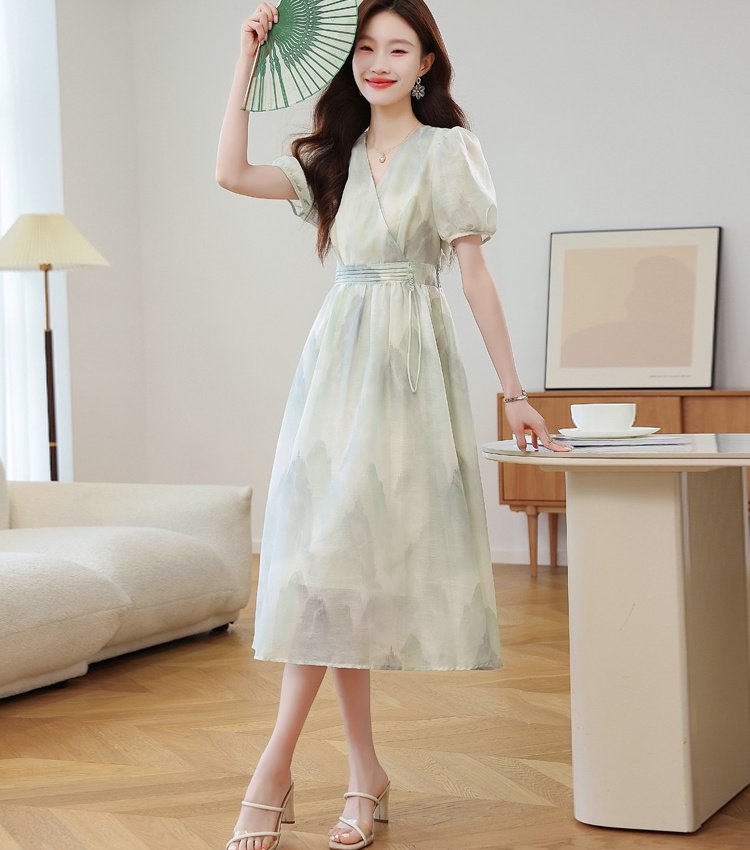 Floral short sleeve long Chinese style summer dress