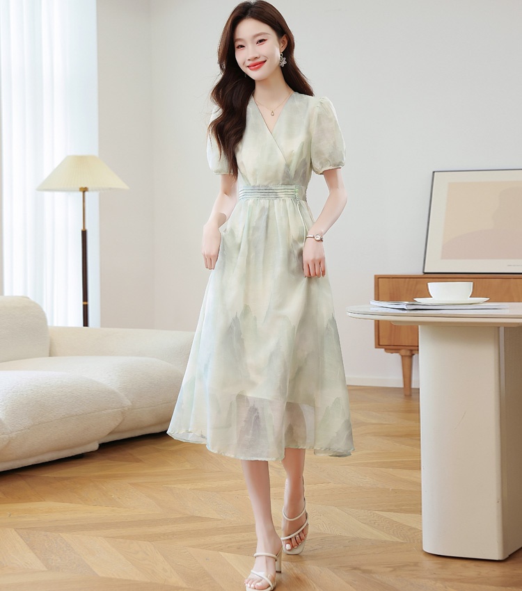 Floral short sleeve long Chinese style summer dress