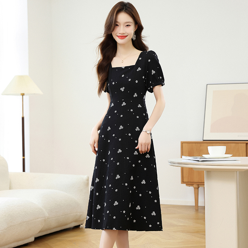 Black France style Hepburn style floral dress for women