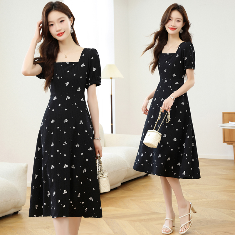 Black France style Hepburn style floral dress for women