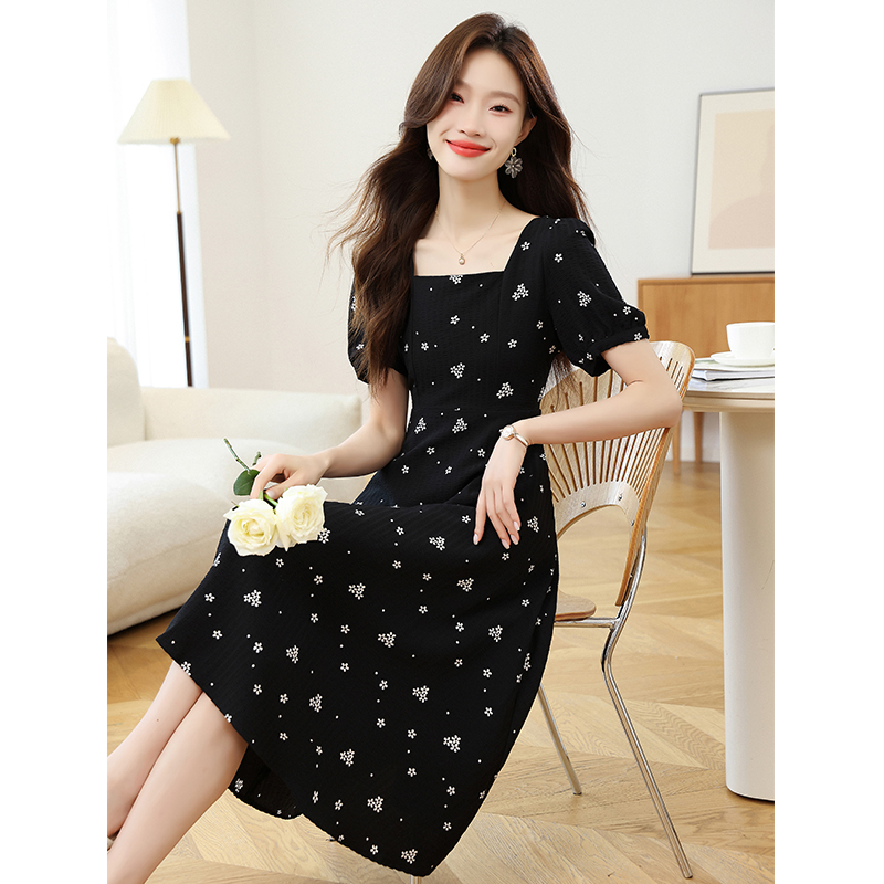 Black France style Hepburn style floral dress for women