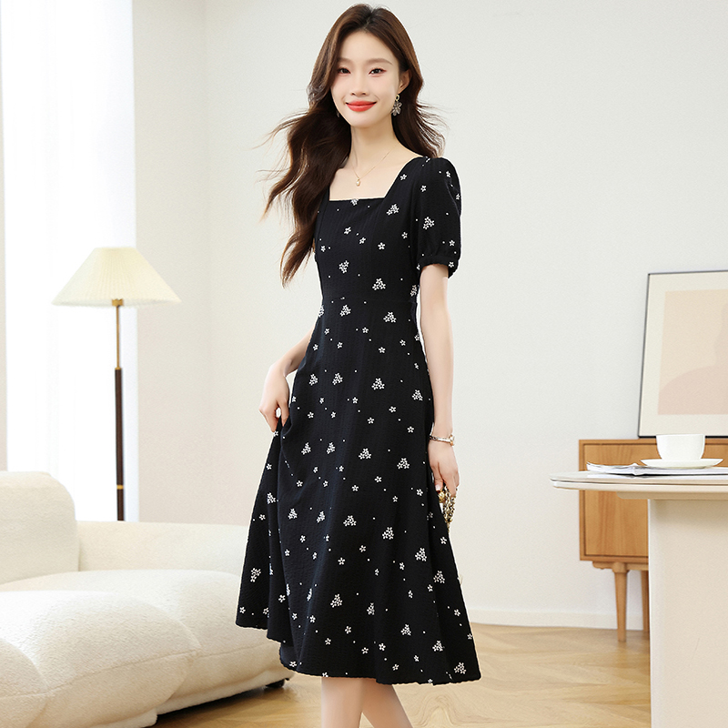 Black France style Hepburn style floral dress for women