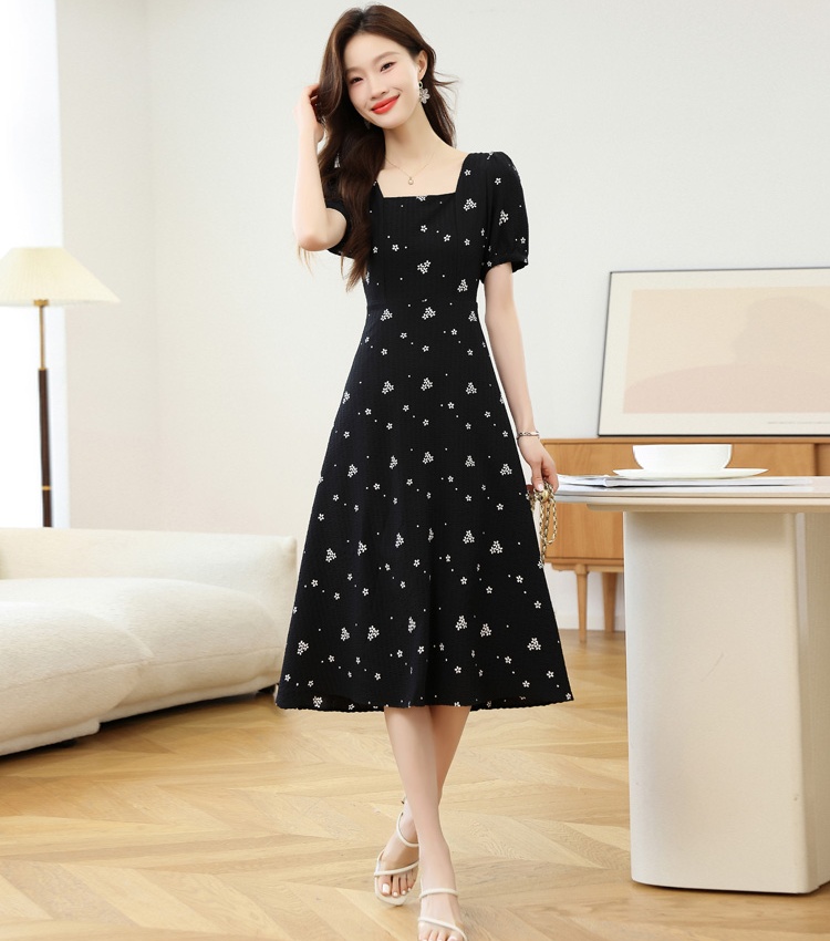 Black France style Hepburn style floral dress for women