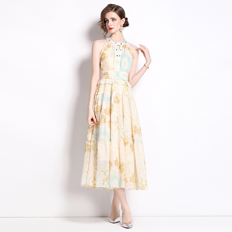 Elegant halter printing vacation seaside summer dress