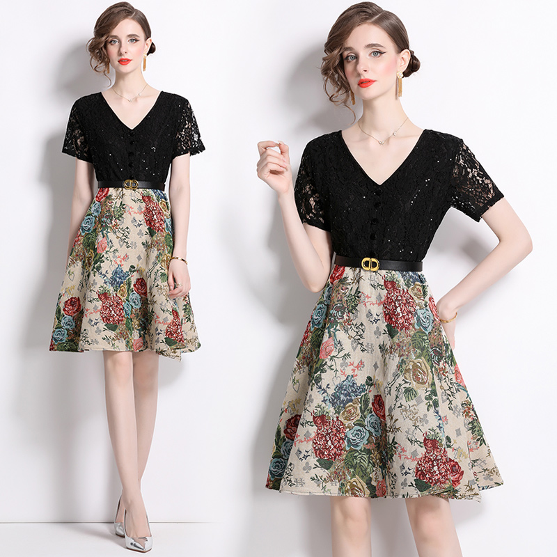 Splice all-match pinched waist frenum France style dress