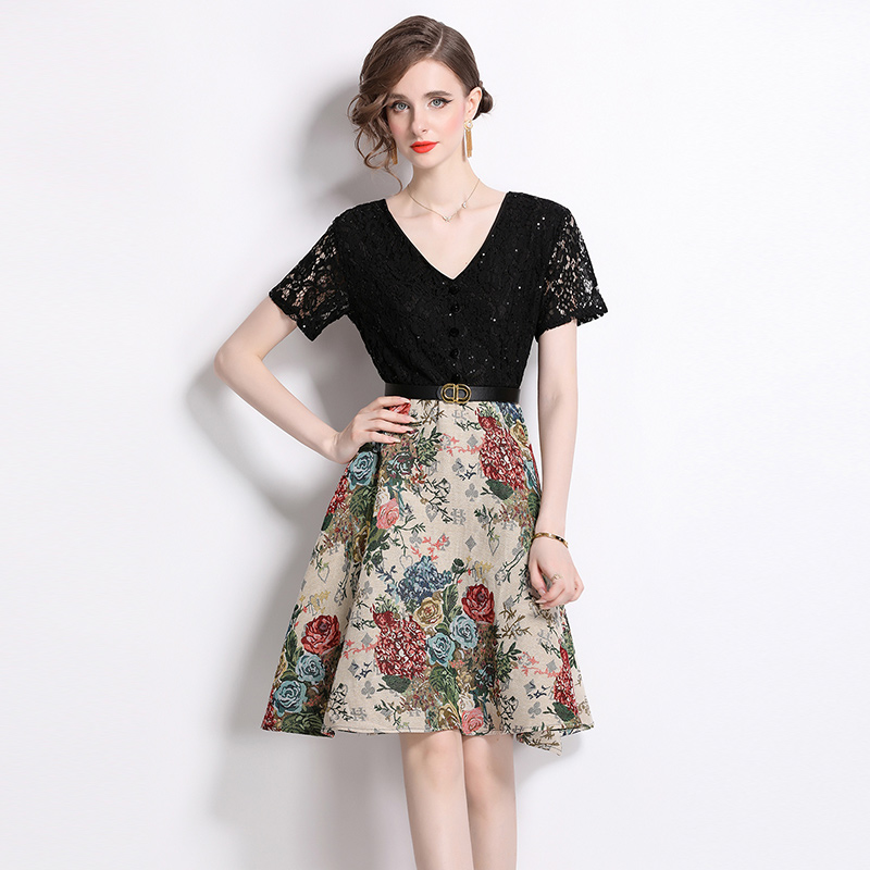 Splice all-match pinched waist frenum France style dress