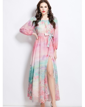 Flat shoulder retro spring long flowers dress