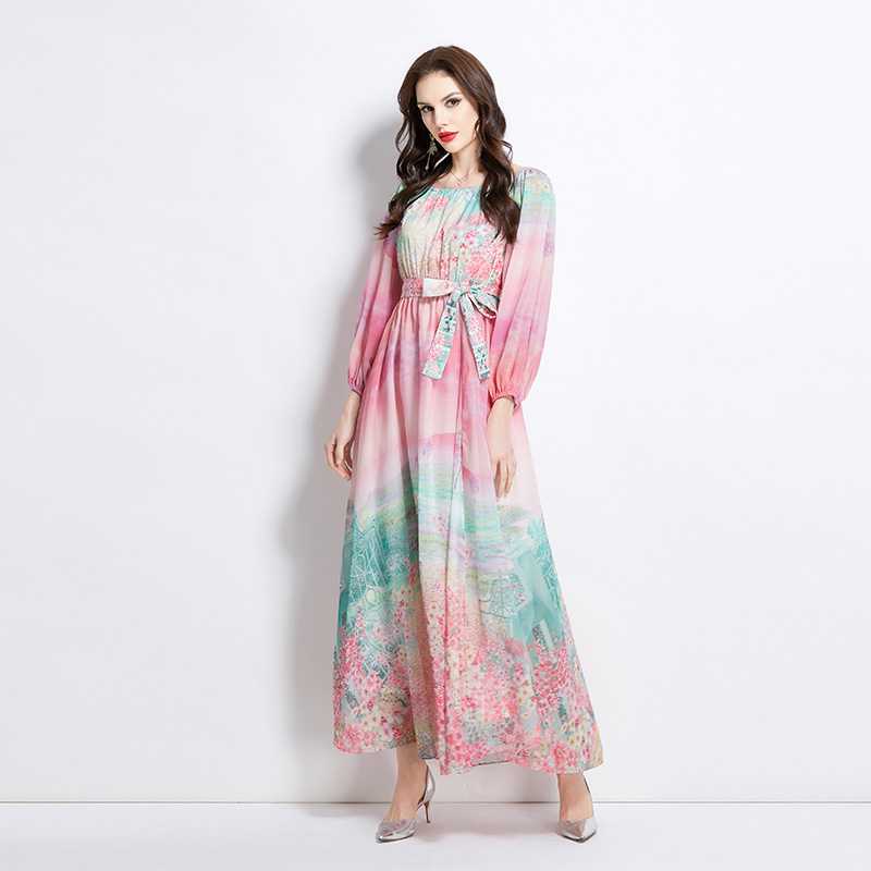 Flat shoulder retro spring long flowers dress