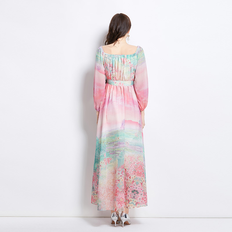 Flat shoulder retro spring long flowers dress