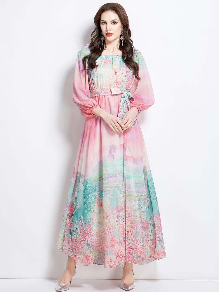 Flat shoulder retro spring long flowers dress