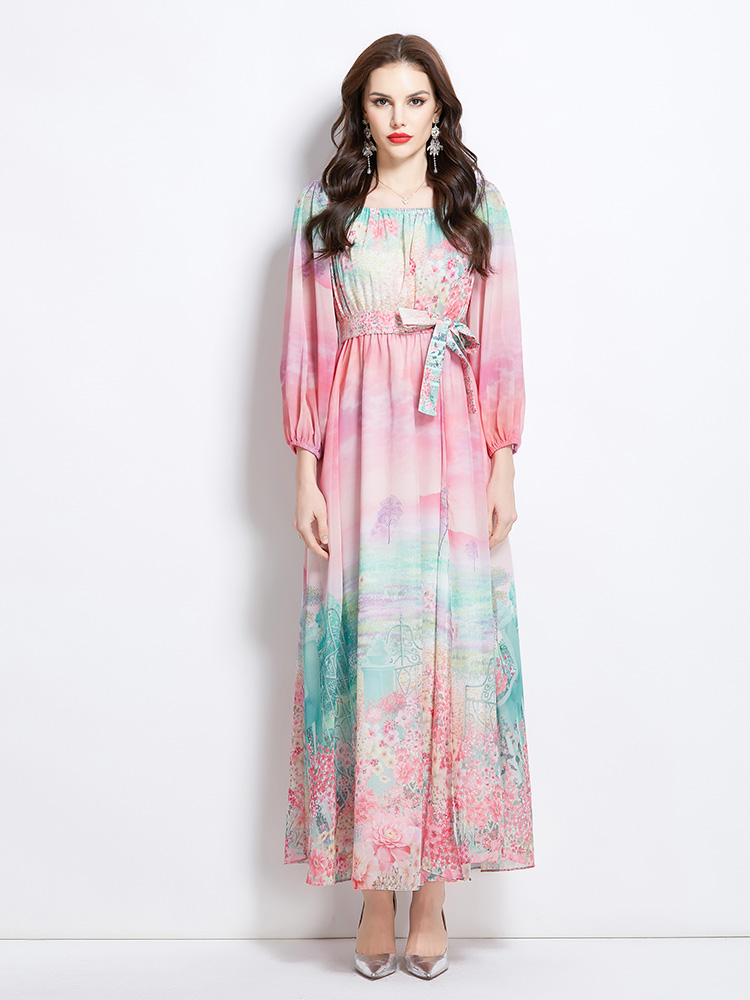 Flat shoulder retro spring long flowers dress