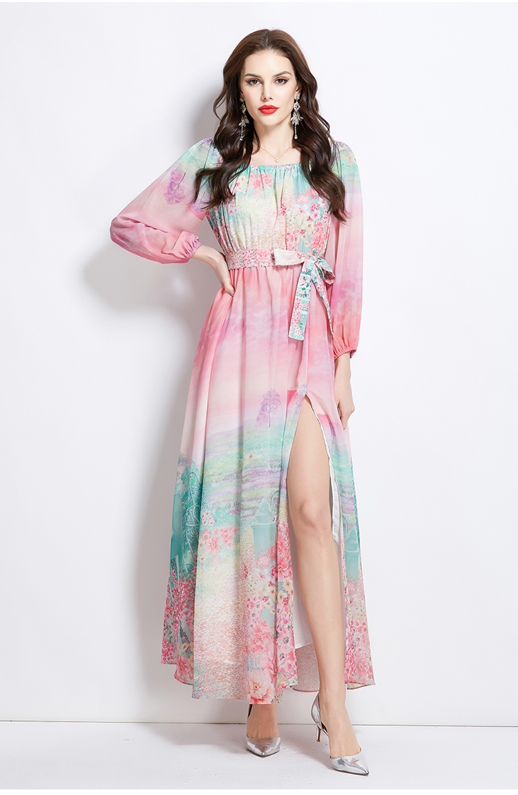 Flat shoulder retro spring long flowers dress