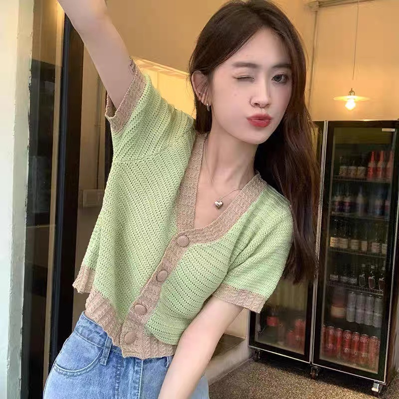 Knitted unique tops mixed colors thin T-shirt for women