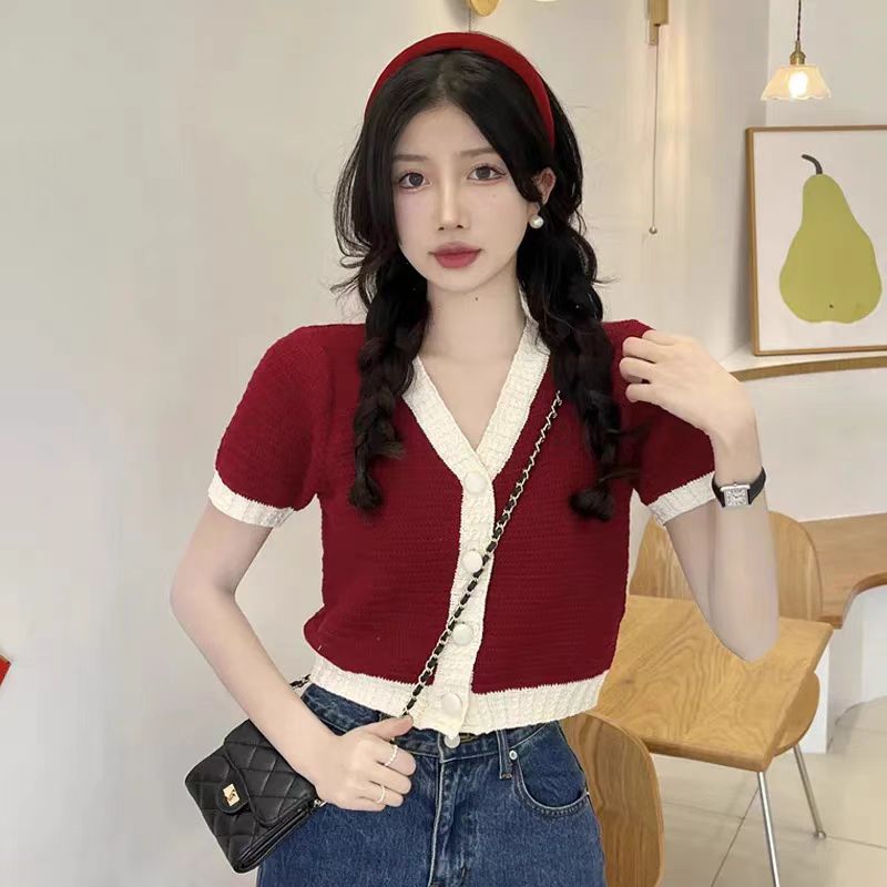 Knitted unique tops mixed colors thin T-shirt for women