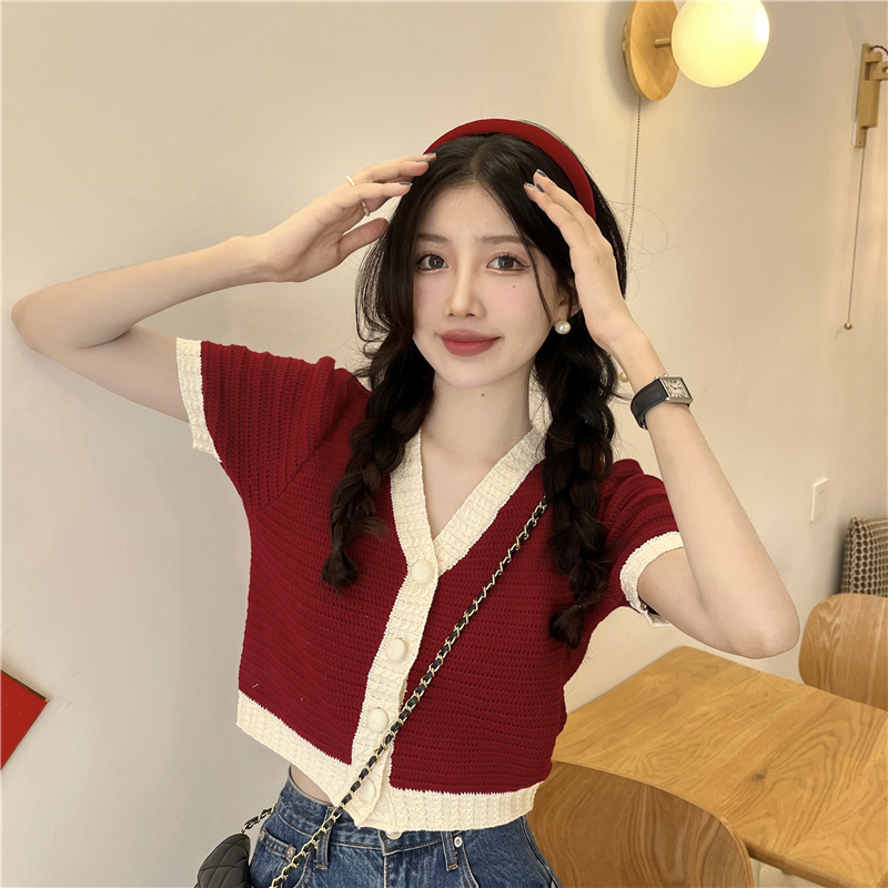 Knitted unique tops mixed colors thin T-shirt for women