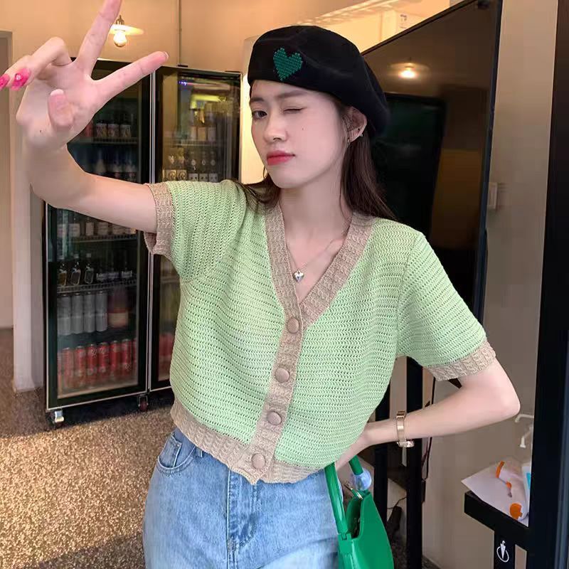 Knitted unique tops mixed colors thin T-shirt for women