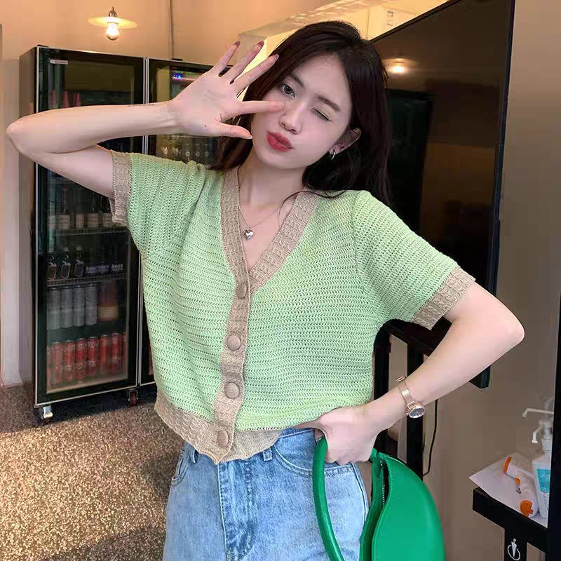 Knitted unique tops mixed colors thin T-shirt for women