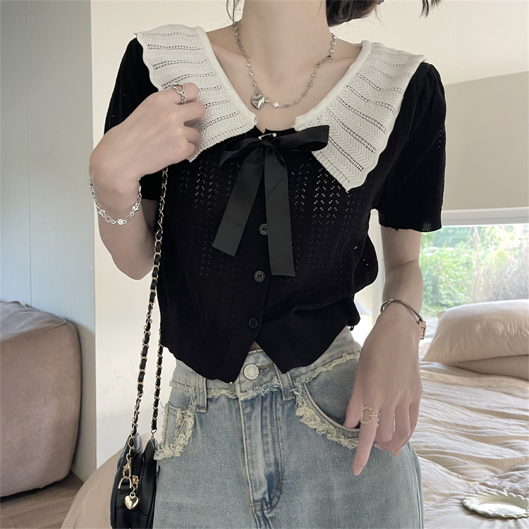 Doll collar Western style cardigan bow sweater for women