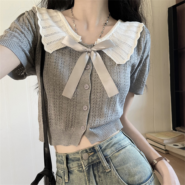 Doll collar Western style cardigan bow sweater for women