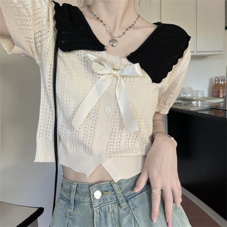 Doll collar Western style cardigan bow sweater for women