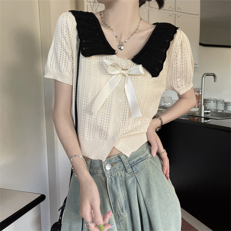 Doll collar Western style cardigan bow sweater for women