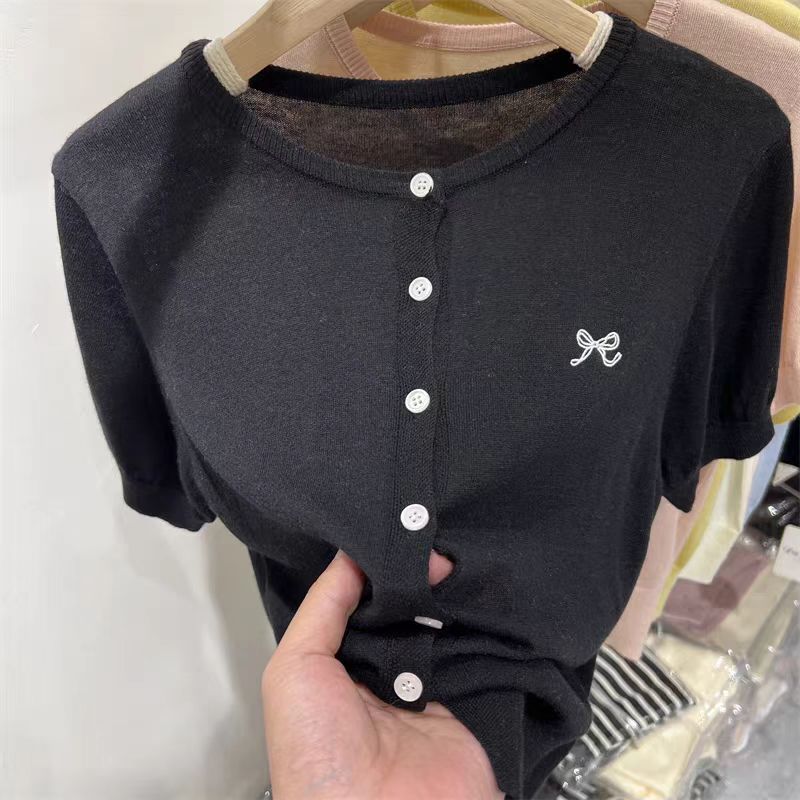 Embroidery Korean style bow tops short sleeve thin T-shirt