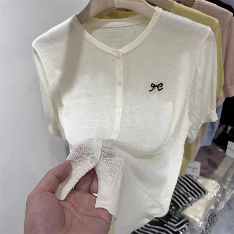 Embroidery Korean style bow tops short sleeve thin T-shirt